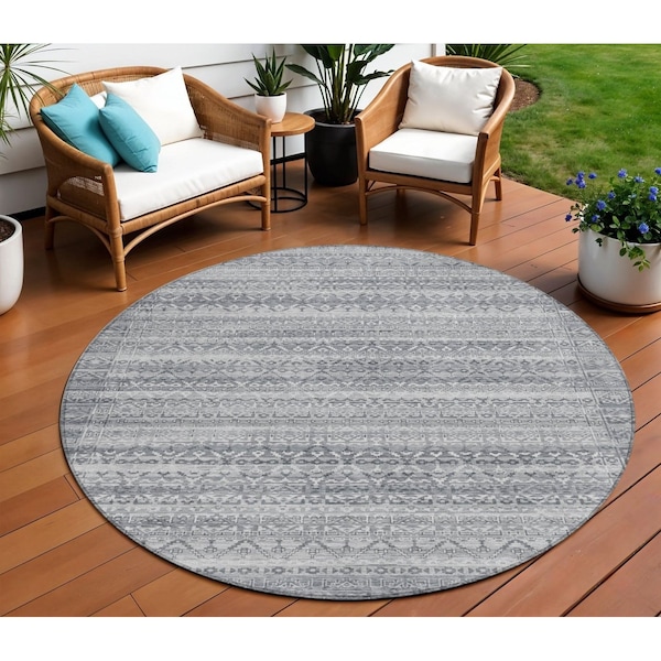 Homeroots 8' Gray And Silver Round Striped Washable Indoor Outdoor Area Rug 631499 - main