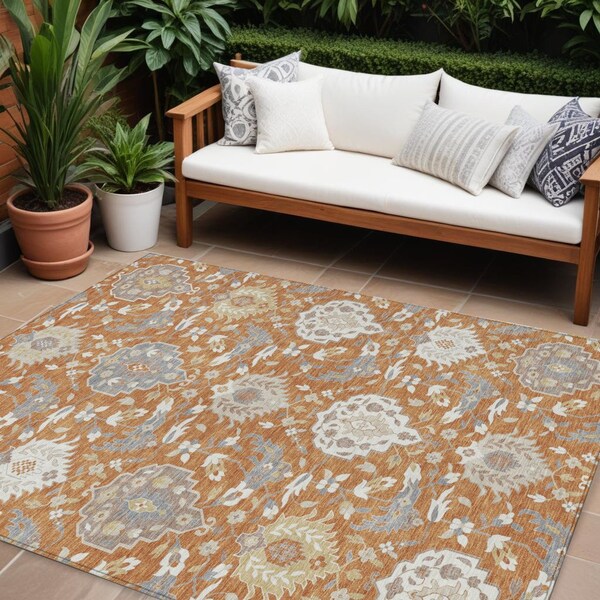 Homeroots 9' X 12' Copper Ivory And Gray Damask Washable Indoor Outdoor Area Rug 599410 - main