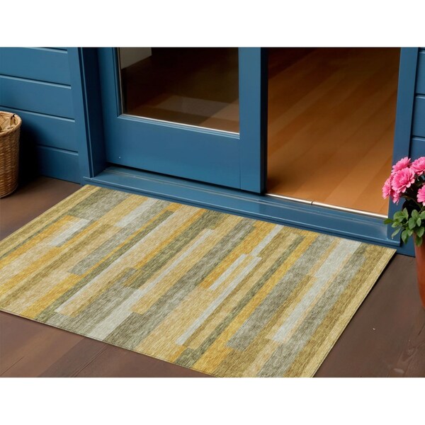 Homeroots 3' X 5' Gold Wheat And Ivory Striped Washable Indoor Outdoor Area Rug 613278 - main