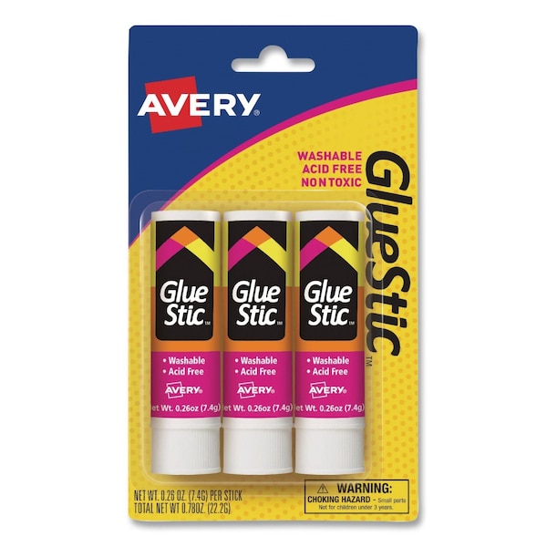 Avery Permanent Glue Stic, 0.26 oz, Applies White, Dries Clear, 3PK 00164 - main