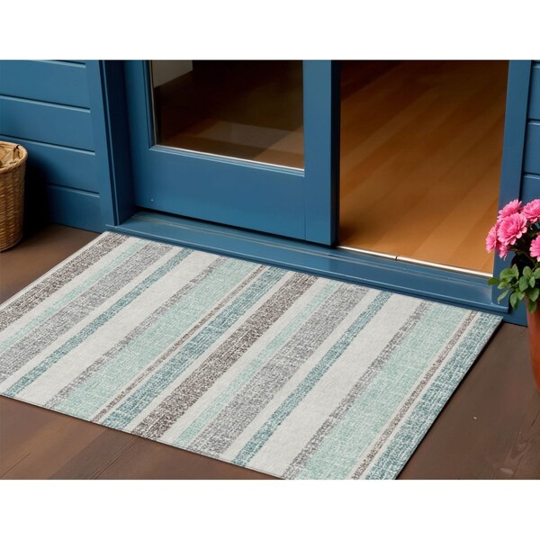 Homeroots 3' X 5' Teal Blue And Gray Striped Washable Indoor Outdoor Area Rug 632245 - main