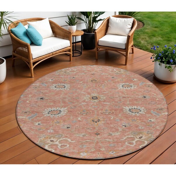 Homeroots 8' Pink Gray And Beige Round Floral Washable Indoor Outdoor Area Rug 604787 - main