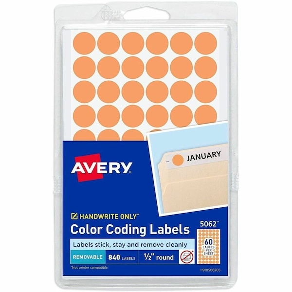 Avery Label, Remv, 1/2"Dia, Orgl, 840 840PK AVE05062 - main