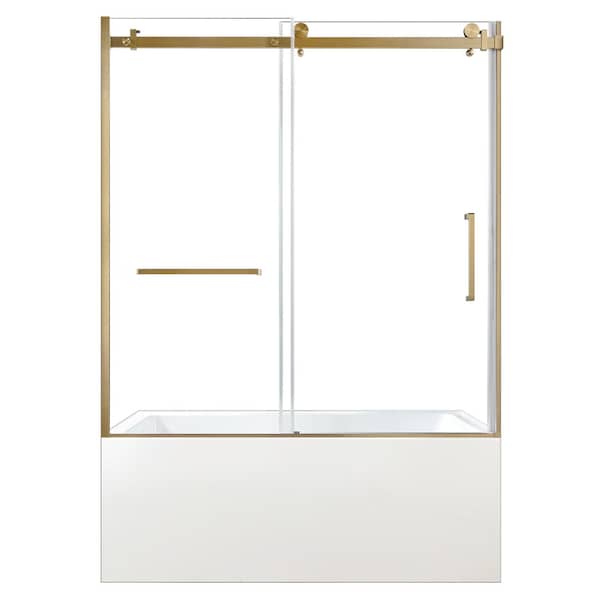 Kingston Brass 60" Acrylic Anti-Skid Alcove Left-Hand Drain Tub with Right Sliding Tub Door, White/Brushed Brass KVTAP6032L22C7 - main