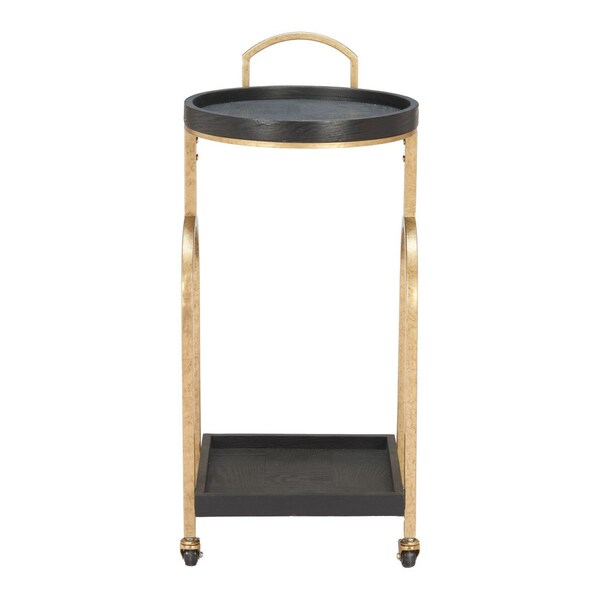 Homeroots 17in Black And Brass Steel and Solid Wood Distressed Round Rolling Bar Cart 668798 - main
