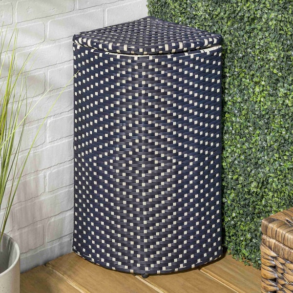 Happimess Chloe 15.56-Gallon All-Weather Wicker/Metal Corner Hideaway Outdoor Trash Can, Navy/White HPM1200B - main