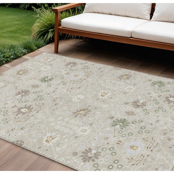Homeroots 9' X 12' Beige Brown And Green Oriental Washable Indoor Outdoor Area Rug 598020 - main