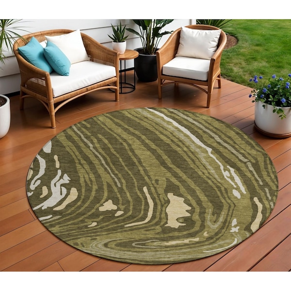 Homeroots 8' Olive Green And Beige Round Abstract Washable Indoor Outdoor Area Rug 601292 - main