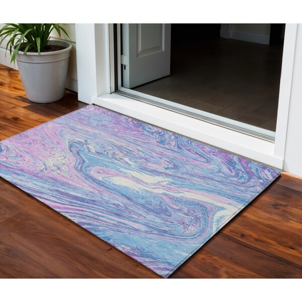 Homeroots 3' X 5' Sky Blue Lavender And Ivory Abstract Washable Indoor Outdoor Area Rug 602671 - main