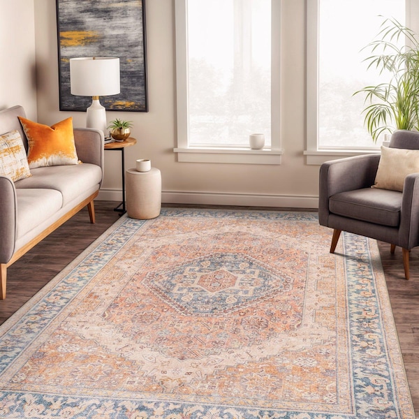 World Rug Gallery Rust Medallion Washable Rug - Flat Pile Vintage Design, Easy Care for High-Traffic Areas 5 ftx7 ft WR170RUST5X7 - main