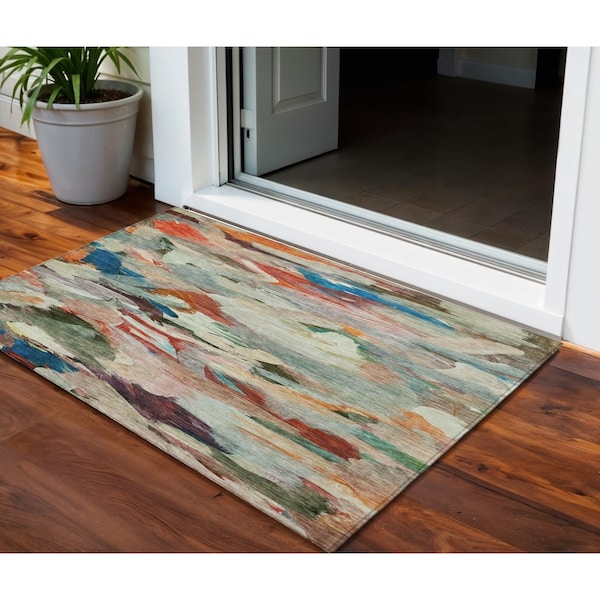 Homeroots 3' X 5' Green Teal Blue And Terra Cotta Abstract Washable Indoor Outdoor Area Rug 603125 - main
