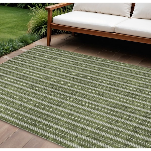 Homeroots 9' X 12' Olive Green And Ivory Striped Washable Indoor Outdoor Area Rug 595887 - main