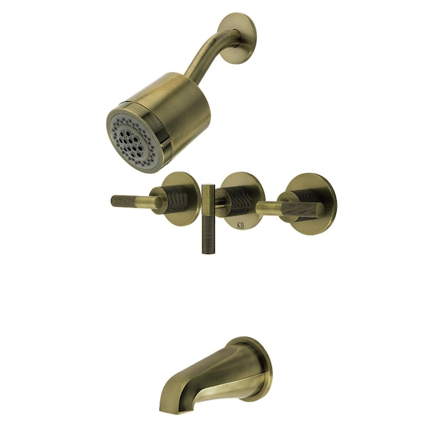 Kingston Brass Triple-Handle Tub and Shower Faucet with Knurled Handle, Antique Brass KBX8133KNL - main