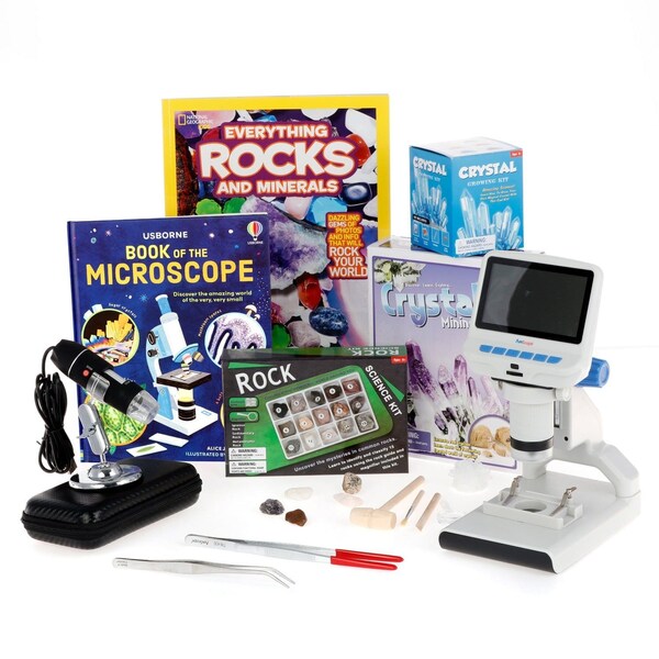 Amscope Kid's Natural Gemstone Explorer Set featuring 1080P HD Portable LCD Digital Color Microscope, Ultima KVB-GEM-140-EXP - main
