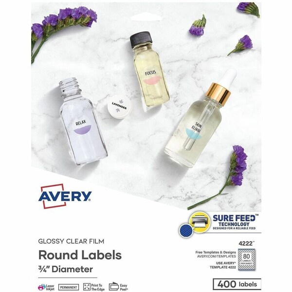 Avery Dennison Avery, PRINTABLE SELF-ADHESIVE PERMANENT ID LABELS W/SURE FEED, 3/4in DIA, CLEAR, 400PK 4222 - main