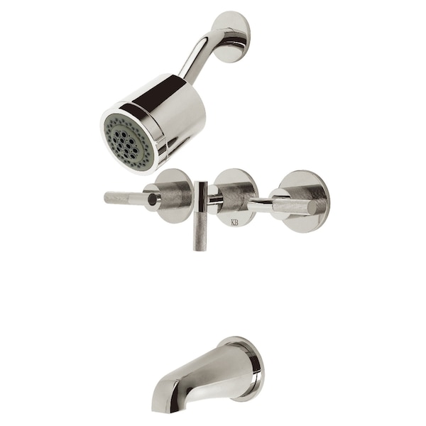 Kingston Brass Triple-Handle Tub and Shower Faucet with Knurled Handle, Polished Nickel KBX8136KNL - main
