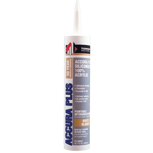 Tower Sealants ACCURA PLUS Silicone Sealant, White, 7 to 14 days Curing, 40 to 140 deg F, 10.1 fl-oz Tube TS-00031 - main