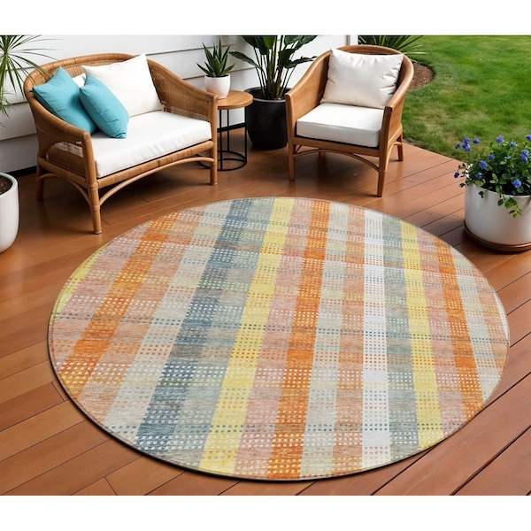 Homeroots 8' Peach Ivory And Orange Round Plaid Washable Indoor Outdoor Area Rug 613983 - main