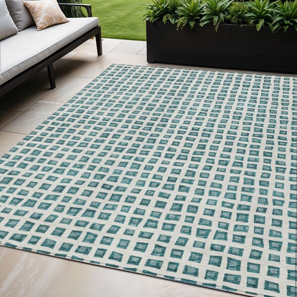 Homeroots 5' X 8' Teal Blue And Ivory Geometric Washable Indoor Outdoor Area Rug 583319 - main