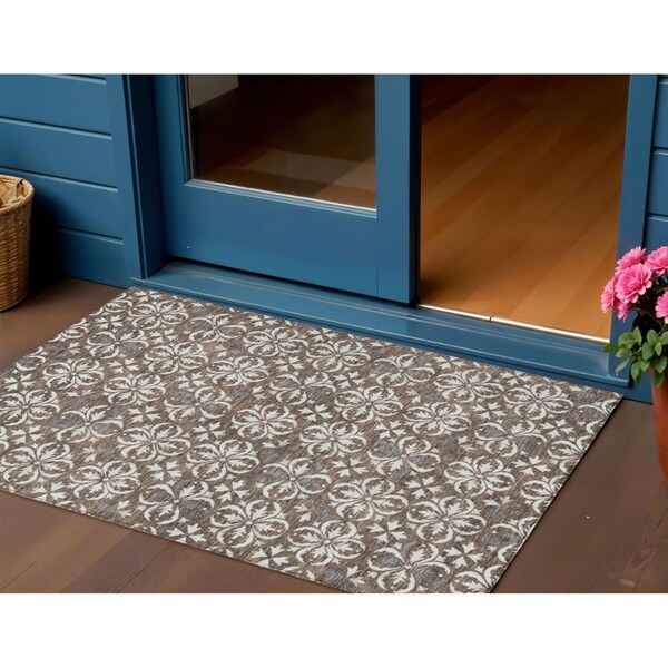 Homeroots 3' X 5' Brown Gray And Beige Floral Washable Indoor Outdoor Area Rug 595931 - main