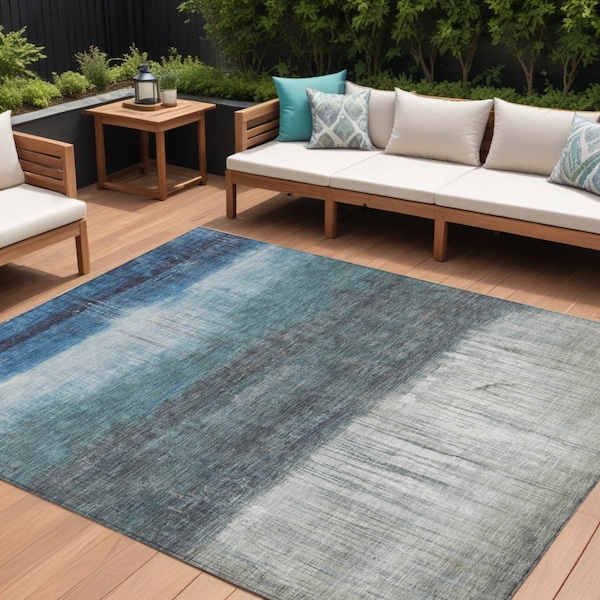 Homeroots 10' X 14' Blue And Gray Abstract Washable Indoor Outdoor Area Rug 632046 - main