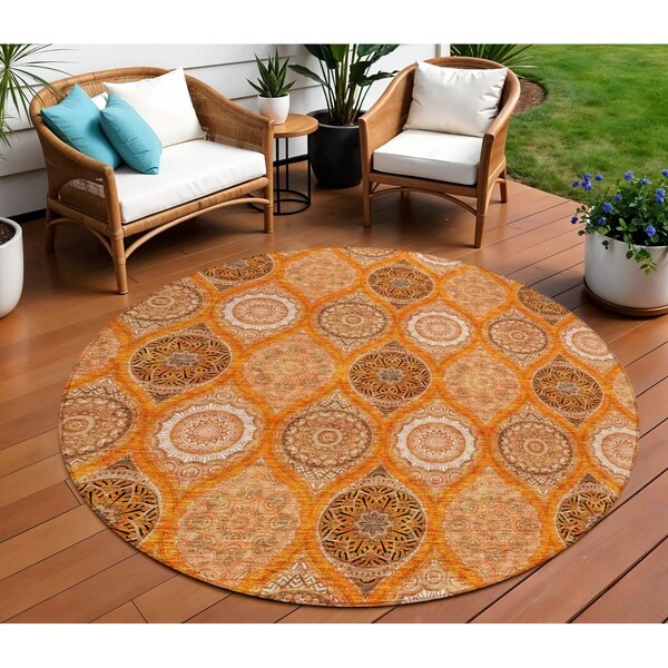 Homeroots 8' Orange Ivory And Gray Round Floral Medallion Washable Indoor Outdoor Area Rug 614619 - main