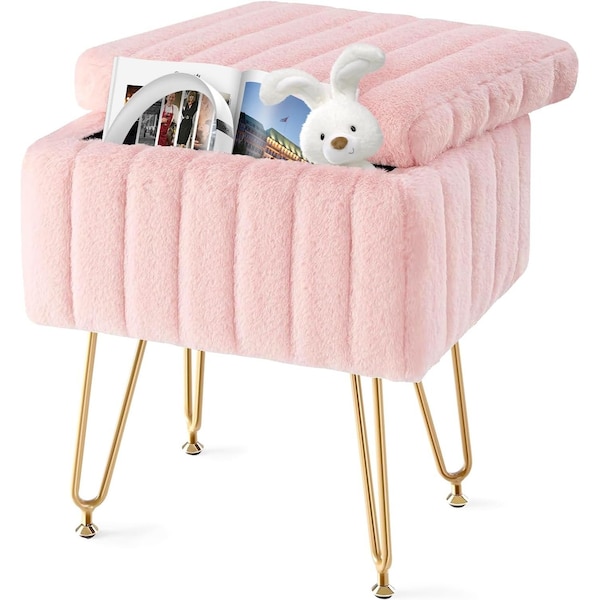 Simple Deluxe Vanity Chair Stool with Storage, Ottoman Soft Faux Fur Padded Makeup Seat, Adjustable Height Footst 3A88HKOTTOASMPNK - main