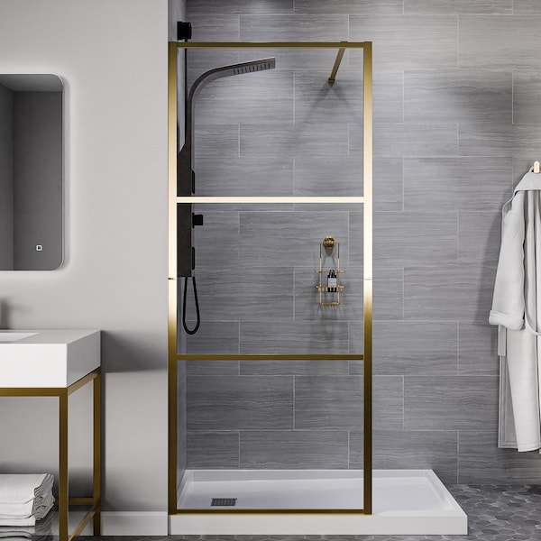 Anzzi 34 in. x 78 in. Fixed Frameless Shower Door in Brushed Gold w/ Tsunami Guard Tempered Clear Glass SD-AZFL06002BG - main