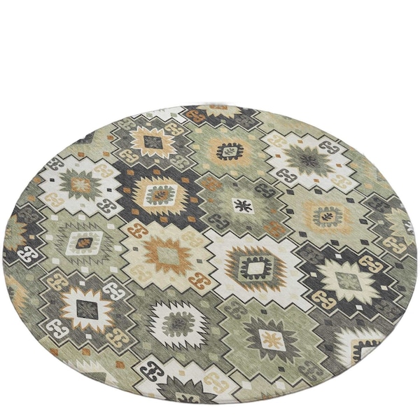 Homeroots 8' Fern Green Gold And Charcoal Round Southwestern Washable Indoor Outdoor Area Rug 632265 - main