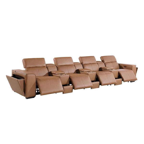 Homeroots 170" Chestnut Top Grain Leather Reclining Metal USB Sofa 720422 - main