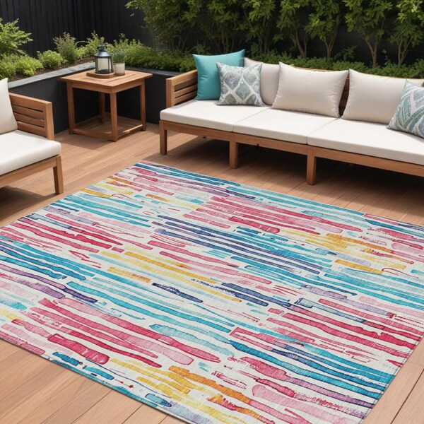 Homeroots 10' X 14' White Pink And Teal Blue Striped Washable Indoor Outdoor Area Rug 617709 - main