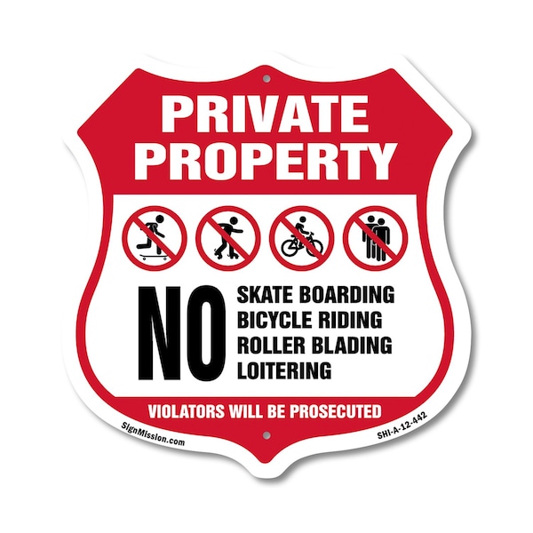 Signmission Private Property Shield Sign No Skateboa, 12 Inch X 12 Inch, Aluminum Metal Sign SHI-A-12-442 - main