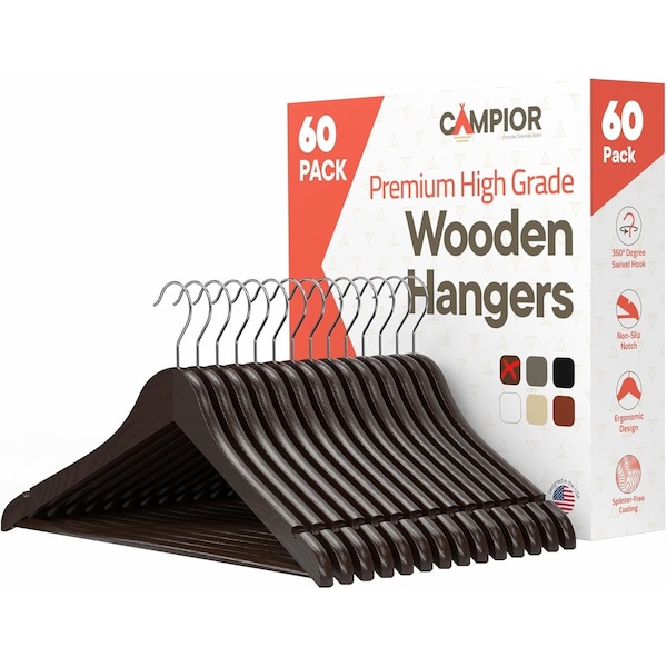 Lifemaster Wooden Clothes Hangers, Durable, Non-Slip, Space-Saving, 360 Deg Swivel Hook, Black, 60PK CMPWH60BW - main