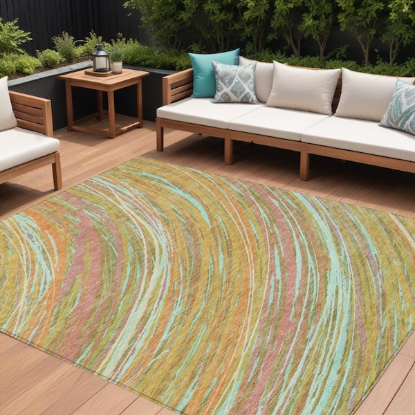 Homeroots 10' X 14' Gold Sky Blue And Coral Abstract Washable Indoor Outdoor Area Rug 631250 - main
