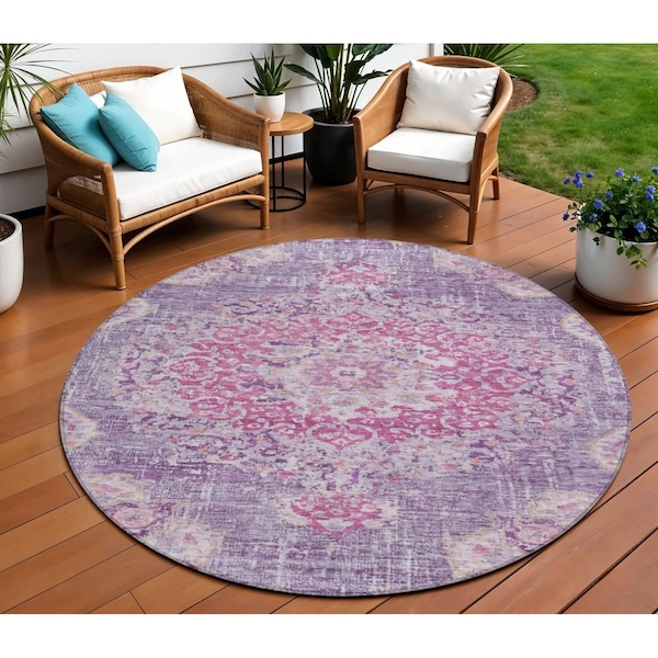 Homeroots 8' Purple Round Floral Medallion Washable Indoor Outdoor Area Rug 607850 - main