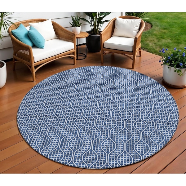 Homeroots 8' Navy Blue And Ivory Round Geometric Washable Indoor Outdoor Area Rug 595663 - main
