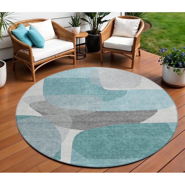 Homeroots 8' Teal Blue And Gray Round Abstract Washable Indoor Outdoor Area Rug 632187 - main
