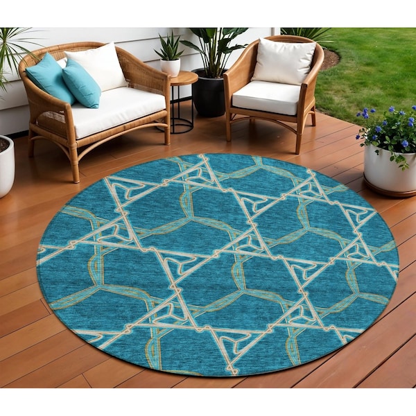 Homeroots 8' Teal Blue And Beige Round Geometric Washable Indoor Outdoor Area Rug 613526 - main