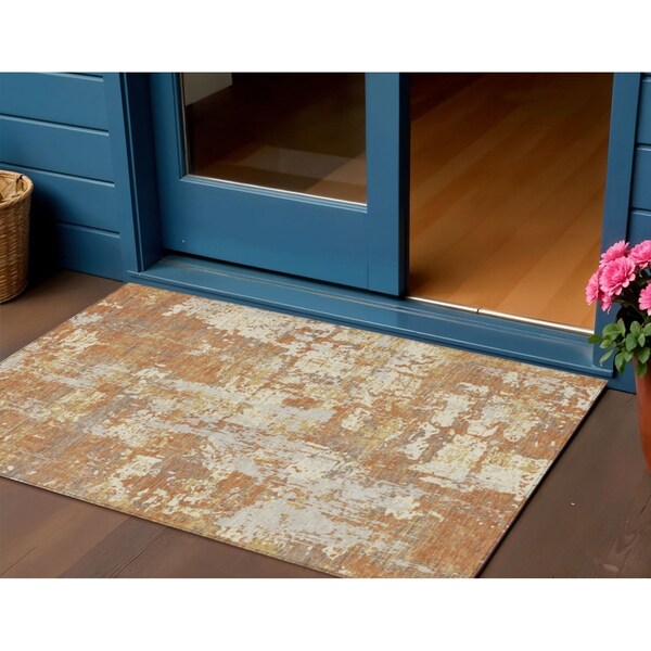 Homeroots 3' X 5' Copper Gold And Ivory Abstract Washable Indoor Outdoor Area Rug 597950 - main