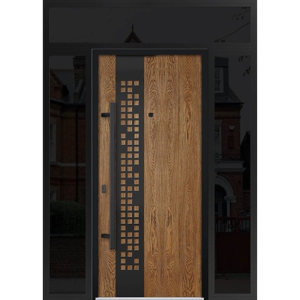 Vdomdoors Steel Door Deux 6678 Natural Oak 2 Sidelight and Transom Window Sidelite Entry Door Painted W16+36+ DEUX6678EXD-OAK-W16+36+16 x H80+16-RH-I - main