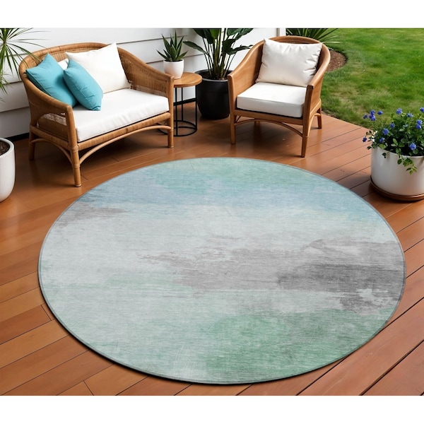 Homeroots 8' Blue And Mint Green Round Abstract Washable Indoor Outdoor Area Rug 611284 - main