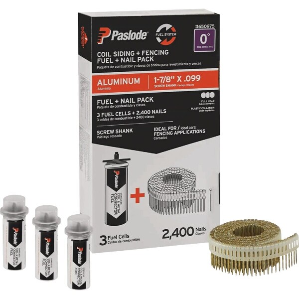 Paslode 1-7/8'' x 0.099'' 0 Degree Plastic Strip Aluminum Coil Fencing Nail with, 3 Fuel Cells, 2400 Ct. 650975 - main