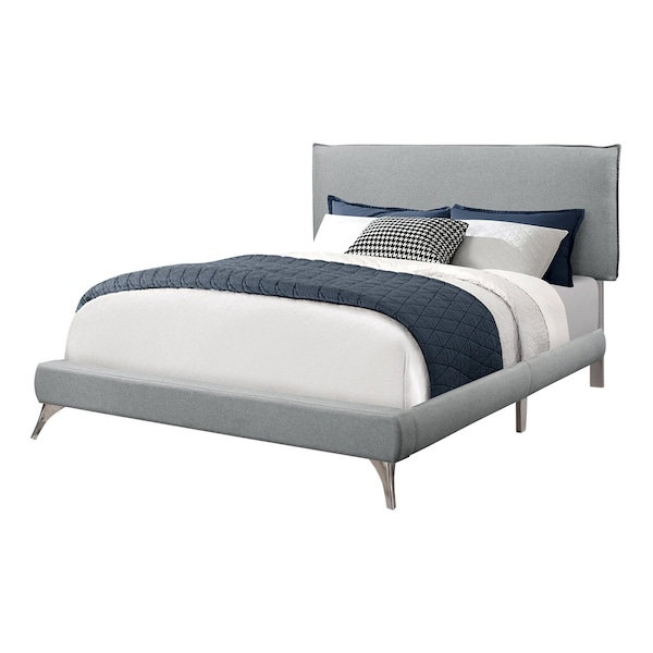 Homeroots Gray Solid Wood Queen Upholstered Linen Bed Frame with Nailhead Trim 333308 - main