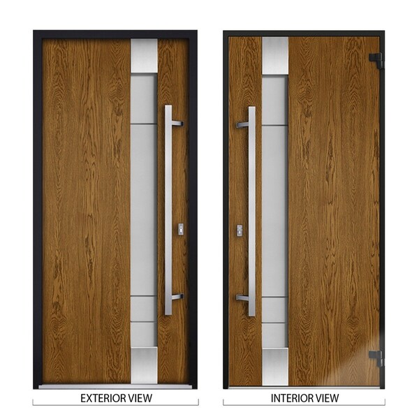 Vdomdoors Steel Door Deux 1713 Natural Oak Transom White Window Stainless Inserts Single Modern Painted-W36xH DEUX1713EXD-OAKW-W36 x H80+16-Right-hand Inswing - main