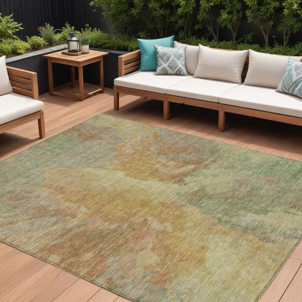Homeroots 8' X 10' Artichoke Green And Gold Abstract Washable Indoor Outdoor Area Rug 615587 - main