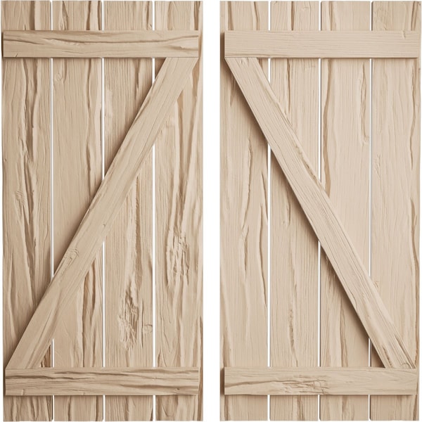 Ekena Millwork Rustic Four Board Spaced Board-n-Batten Riverwood Faux Wood Shutters w/Z-Board, 23 1/2W x 64H, PR SHUBSZ23X64RWPR - main