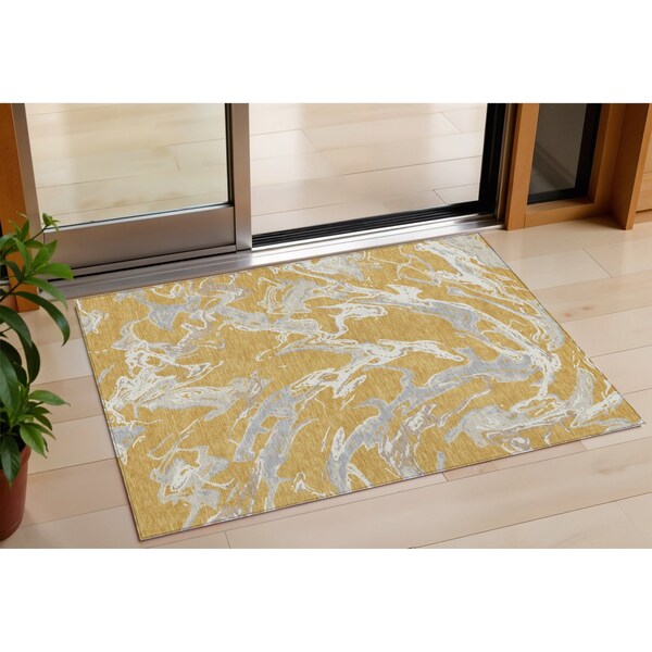Homeroots 3' X 5' Gold Gray And Ivory Abstract Washable Indoor Outdoor Area Rug 600084 - main