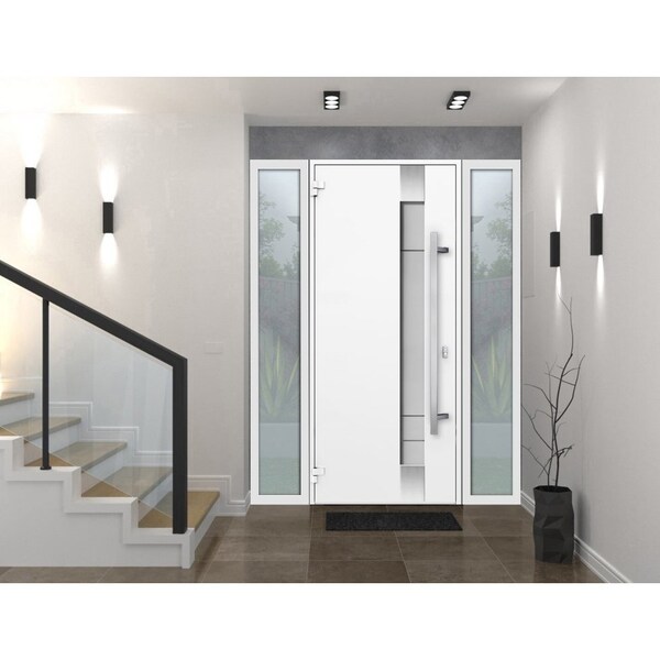 Vdomdoors Steel Door Deux 1713 White Enamel 2 Sidelight Exterior Black Windows Stainless Inserts Single Moder DEUX1713EXD-BEM-W12+36+12 x H80-Right-hand Inswing - main