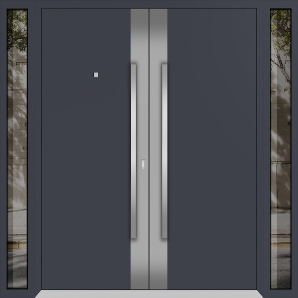 Vdomdoors Metal Double Doors Deux 0729 Gray Graphite Stainless Steel Insert 2 Sidelights Entry Modern Painted DEUX0729DEXD-GRE-W14+72+14xH80-LH-I - main