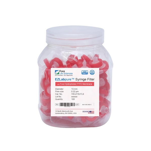 Foxx Life Sciences EZlabpure Hydrophobic PTFE Syringe Filters, 0.22um Pore Size Membrane, 13 mm, Non-Sterile, 100PK 745-2116-FLS - main